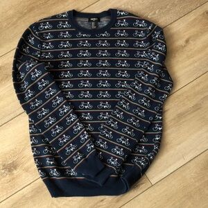 Mens 80’s Vintage Bicycle Print Crewneck Sweater Navy Skater cyclistYTK preppy